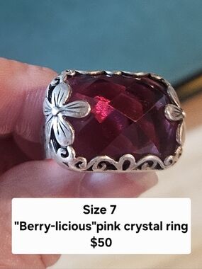 Silpada Deep Pink Faceted Crystal Ring with Silver Floral Setting
